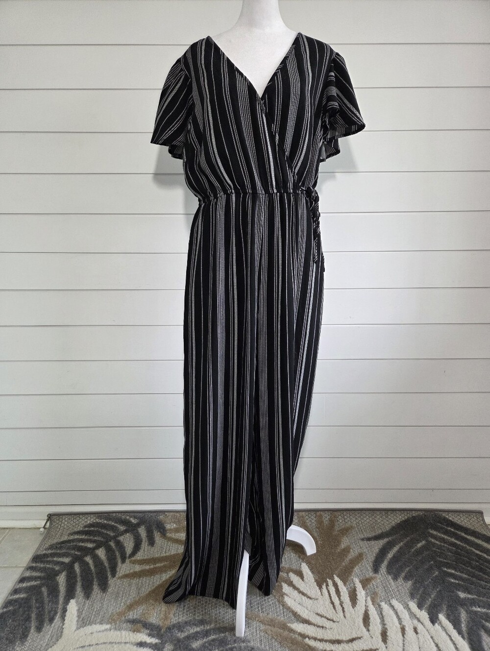 BOG Collective Black‎ & White Striped V-Neck Wrap Jumpsuit Size L